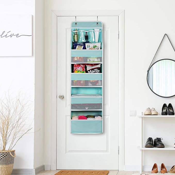 Univivi Door Hanging Organizer Nursery Door Hanging Storage Closet with 4 Large Pockets and 3 Small PVC Pockets Over Door Organizer for Cosmetics, Toys and Sundries (Blue)