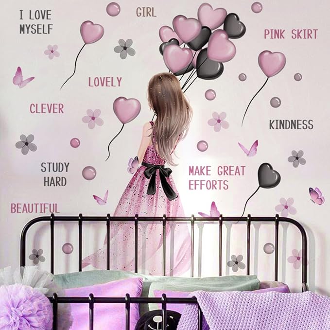 Girly Wall Decals - Pink Dress & Balloons Design, 90cm x 35.43cm, Perfect for Kids' Room
