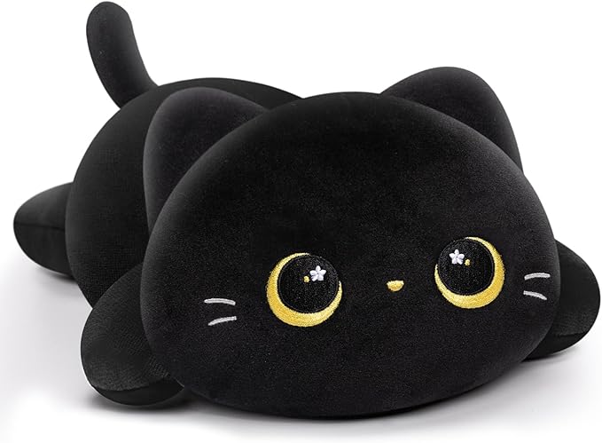 Cute Cat Plush Pillow, Kawaii Plushies Black Cat Stuffed Animals, Squishy Plushies, Cuddle Plush Pillow for Boys & Girls