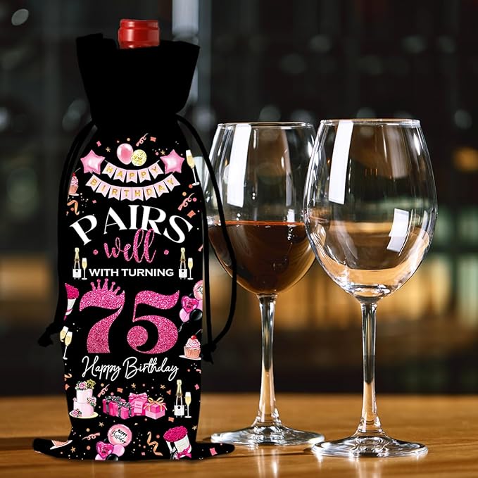 75th Birthday Gifts for Women Men Wine Bag, Birthday Gifts for 75 Year Old Man, Happy 75th Birthday Party Decorations Women for Men, Pairs Well with Turning 75 Wine Bags (Black Pink)