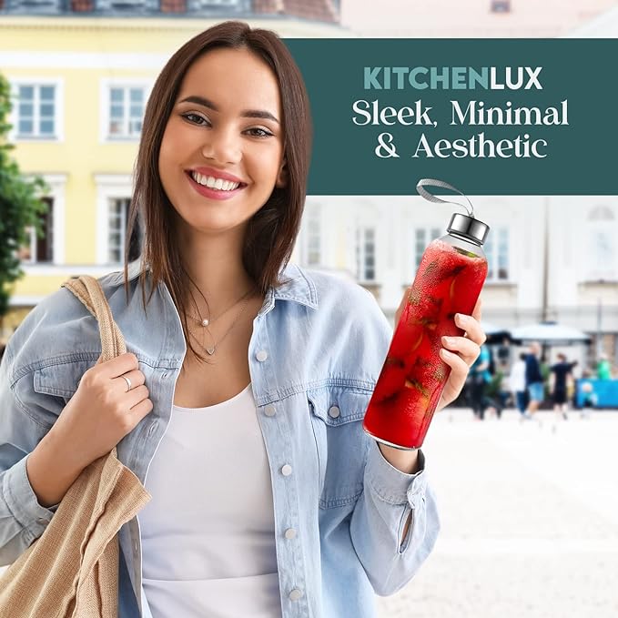 24oz Glass Water Bottles – Pack of 12 - Nylon Protective Sleeves, Airtight Screw Top Lids, Portable Carrying Loops - Lead, PVC and BPA Free - Water, Smoothie, Juicer, and Beverage Glasses