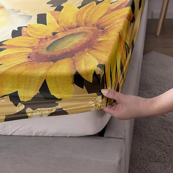 AILONEN Leopard Fitted Sheet Set for Boys, 3 Pieces Queen Yellow Sunflower and Animal Cheetah Leopard Printed Fitted Sheet Set for Kids Adults,1 Fitted Sheet with 2 Pillowcases