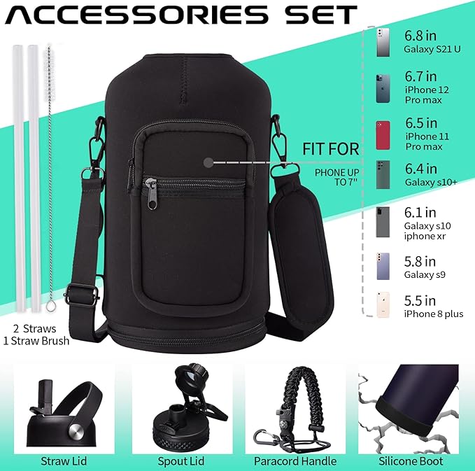 128OZ Insulated Water-Bottles with Strap - 1 Gallon Large Water Jug with Straw & Spout Lid, Stainless Steel Water Bottle Leak Proof, Cold-48h Hot-24h Metal Water Flask w/ Paracord Handle, Carrier Bag