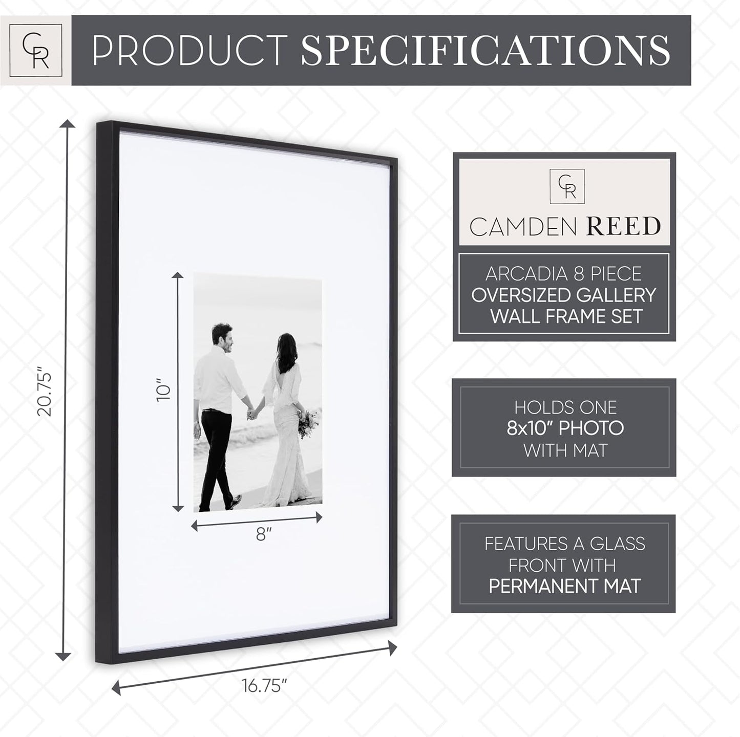 Camden Reed Arcadia 8 Piece Oversized Gallery Wall Frame, 16x20 and 16x16 Inch Matted Frames for Featuring 8x10 and 5x7 Inch Photographs or Art Prints, Black Finish