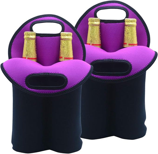 Two Bottles Wine Carrier Tote Bag, Insulated Thick Neoprene Wine/Water Bottle Holder Keeps Bottles Protected, Perfect for Picnics, Beach, Travel (2 PCS, Black)
