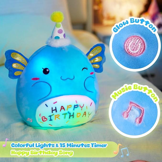 Light up Musical Happy Birthday Axolotl Plush Pillow,LED Stuffed Animals,Blue Axolotl Glowing Plush Toy,Light-up Singing Plush Birthday Gift for Toddler Boys Girls,14''