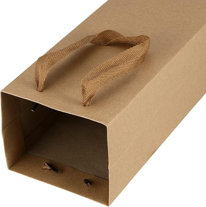 SINJEUN 50 Pack Kraft Paper Wine Gift Bags with Handles, 250gsm Reusable Wine Gift Bottle Carrying Bags Tote Holders for Champagne, Whiskey, Spirits, Extra Strong Laminated Base, 14 x 4 x 3.5 Inch
