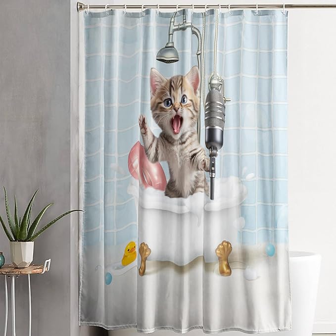 AILONEN Cute Shower Cat Shower Curtain for Kids Boys,Funny Singing Cat Waterproof Fabric Shower Curtain for Bathroom,Cartoon Bathing Kitten Animal Shower Curtain Set with Hooks,72" W*96" H