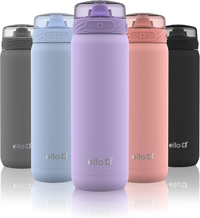 Ello Cooper 22oz Stainless Steel Water Bottle with Straw and Carry Handle, Double Walled and Vacuum Insulated Metal, Leak Proof Locking Lid with Soft Silicone Spout, Reusable, BPA Free, Lilac