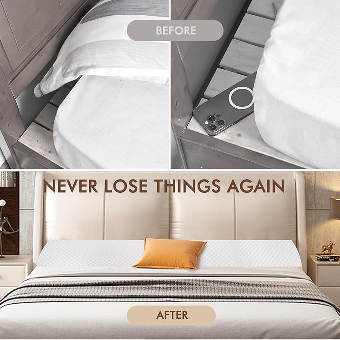 Wedge Pillow Headboard, Pillow Wedge for Headboard Gap with 2 Side Large Pocket, Bed Gap Filler (0-8"), Headboard Wedge Pillow Queen Size(White, 60"x10"x6")