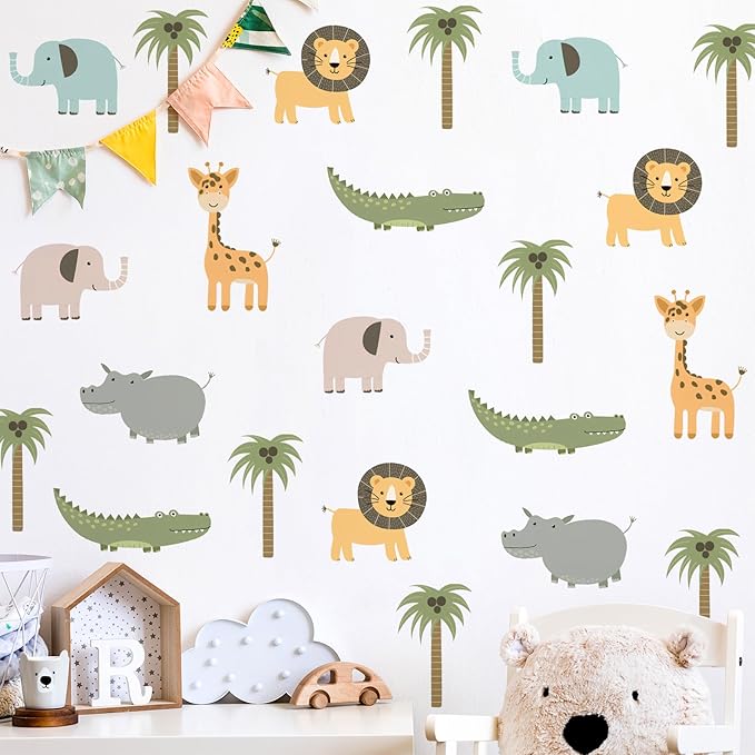 5PCS Cartoon Animal Wall Decal Removable DIY Elephant Hippopotamus Giraffe Lion Crocodile Wall Decal Peel and Stick Coconut Tree Wall Art for Baby Nursery Bedroom Living Room Playroom Decor (A)