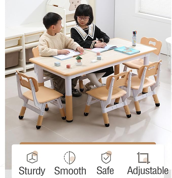 Kids Table and 6 Chair Set - Height Adjustable, Multifunctional Desk, Ergonomically Designed Chairs, Max 300lbs, for Ages 2-10, Classroom, Daycares, Home