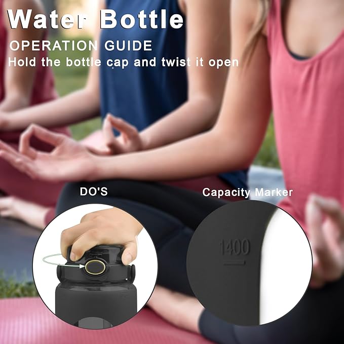 64 Oz Glass Water Bottle with Straw and Lid, Sports Motivational Water Bottle, Leakproof Water Jug Fitness with Silicone Sleeve for Gym, Black