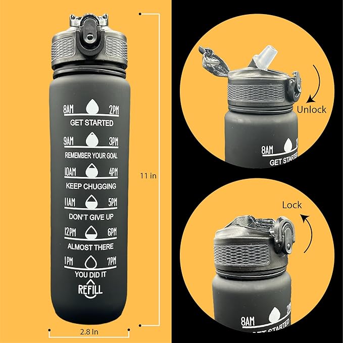 Yaa Fresh Water Bottles, 32oz Motivational Sports Water Bottle with Time Marker-Times to Drink-Tritan, BPA Free, Leakproof water bottle (1 Pack) (Black)