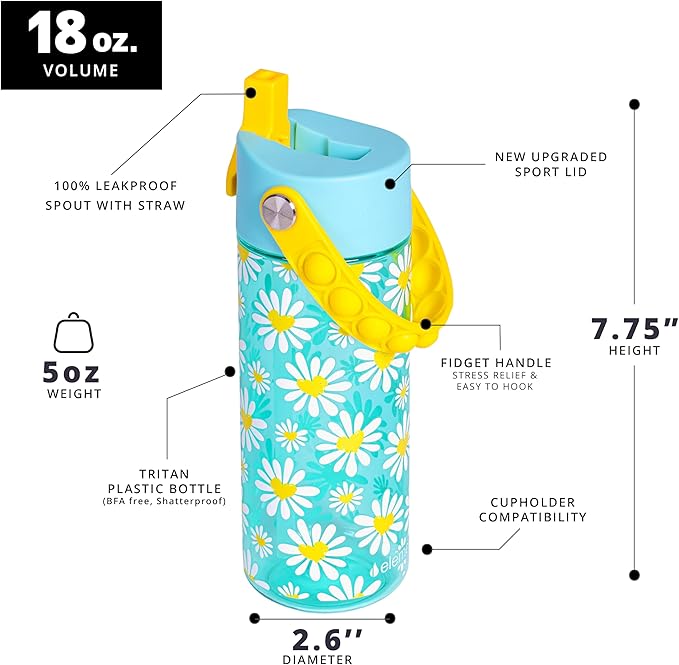 Elemental Leak Proof Water Bottles for Kids - Splash Kids Water Bottle for School with Fun Fidget Pop-it Handle - BPA Free Tritan Plastic Reusable Water Bottle with Straw - Daisy Heart - 18oz