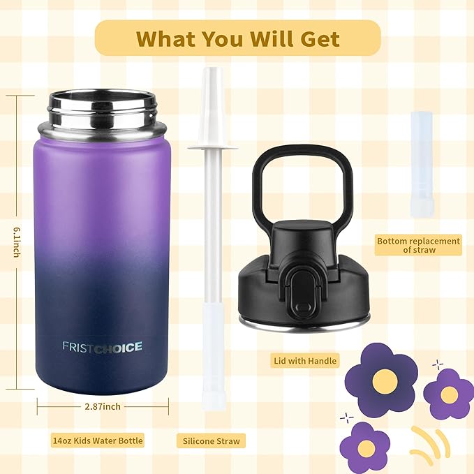 Kids Insulated Water Bottle with Straw,14oz Stainless Steel Water Bottle,BPA-free and Leak-proof,Double Wall Vacuum Water Flask for School,Gifts for Boys and Girls（14oz,Purple Navy blue）