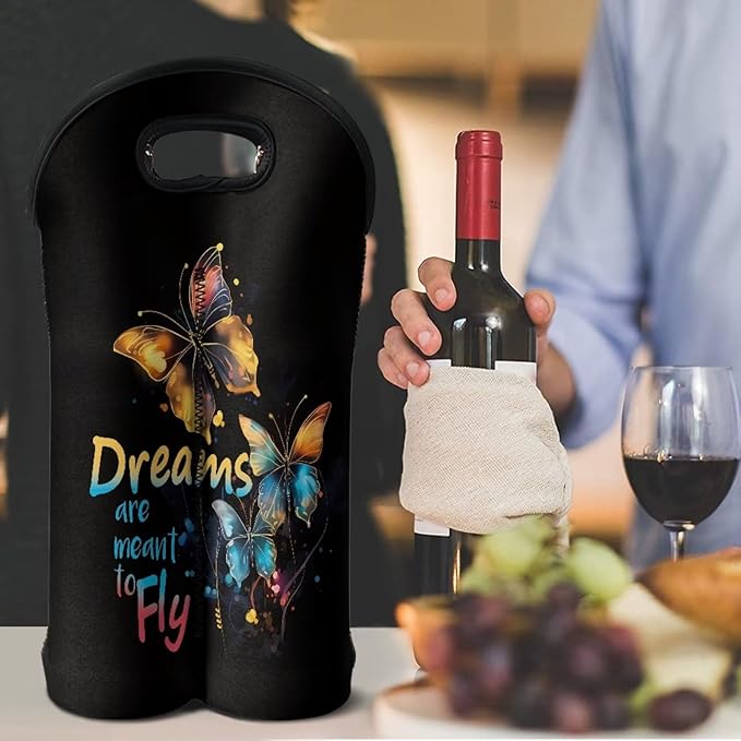 doginthehole Butterfly 2 Bottle Wine Tote Carrier Cooler Bag Insulated Wine Bag Water Bottle Holder Neoprene Pouch for Travel Picnic Party, Dreams Are Meant to Fly Drsign