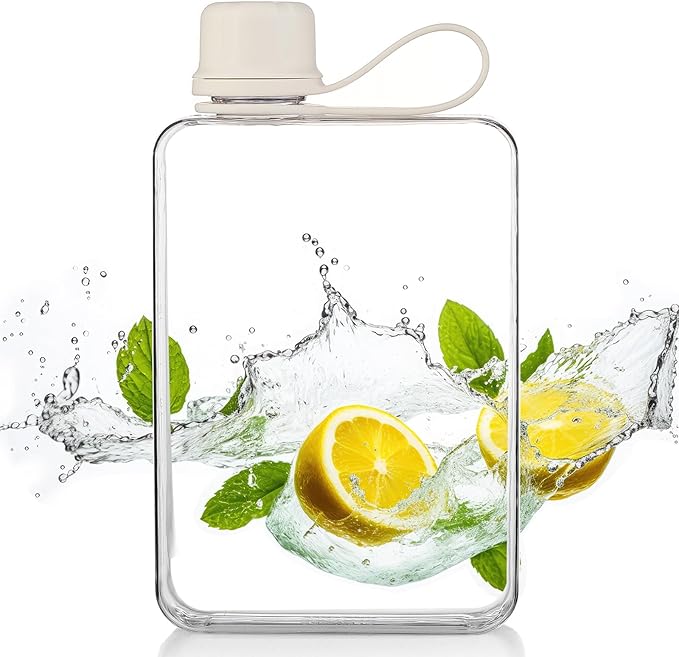 Tritan Transparent Flat Water Bottle samll Water Bottle Slim Square Pocket Bottle Water Flask, BPA Free/Slim Design/Leak Proof Water Bottle for Travel, Outdoor, Sports, Camping (White, 500ML)