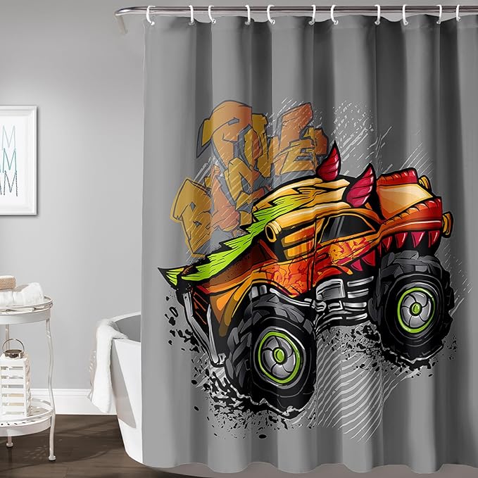 AILONEN Truck Shower Curtain for Kids Boys Teens,Red Monster Truck Bath Curtain for Bathroom Decor,Jam Truck Polyester Waterproof with 12 Plastic Hooks 48" W*72" H