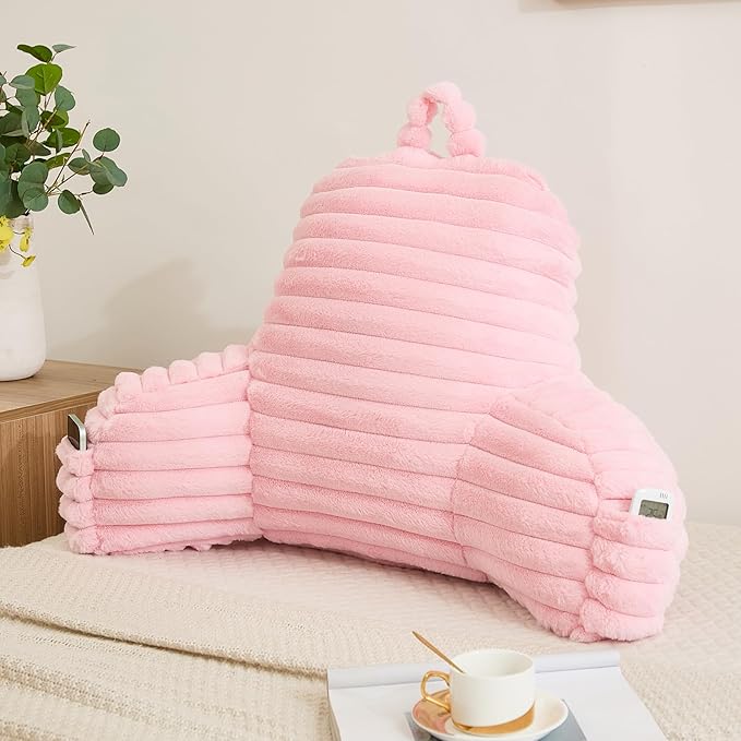 Faux Fur Fluffy Pink Reading Pillow with Pockets, Luxury Striped Plush Decorative, Arm Rests and Back Surport for Bed Rest, Lounging on sofa, Large