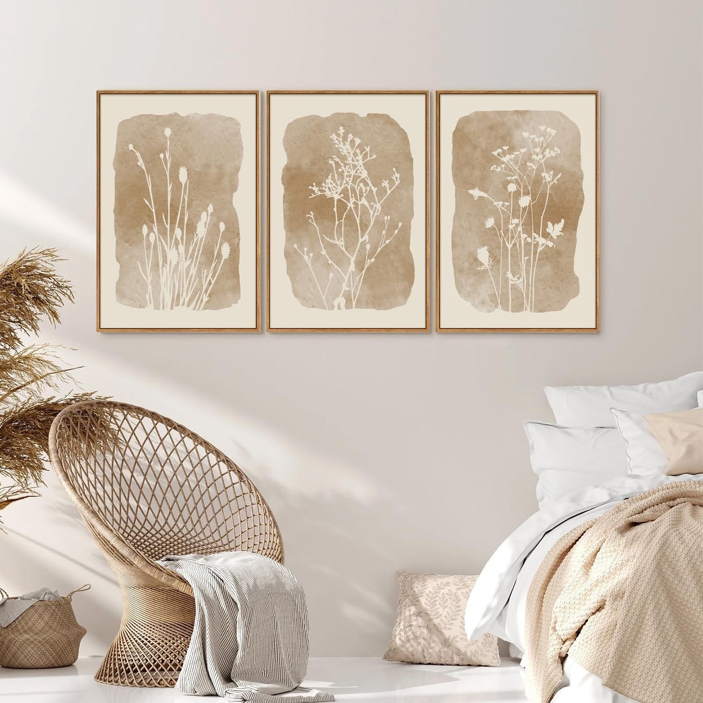 SIGNINART Boho Botanical Framed Canvas Wall Art Set, Neutral Wildflower Wall Decor, Vintage Floral Wall Painting, Art Print for Farmhouse Living Room, Bedroom, Office, Bathroom 16"x24"x3