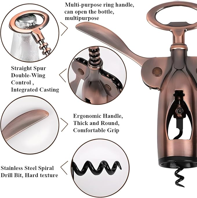 Wine Opener, Wing Corkscrew Wine Opener,Easy to Use, Sturdy Durable Manual Corkscrew (Bronze)