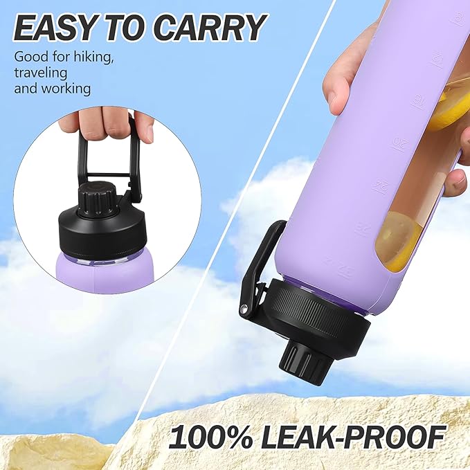 Glass Water Bottles with Straw -32oz- Water Bottle Phone Holder for Gym Large Motivational Water Bottle with Time Marker Glass Drinking Bottles 2 Lids - Spout & Bamboo Straw Lid(Purple)