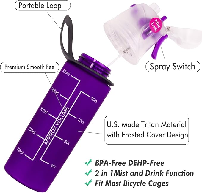 Misting Water Bottle, Spray Mist Sports Bottle for Outdoor Sport Hydration and Cooling Down, BPA-Free Misting Water Bottle with Unique Mist Lock Design (Purple-18oz)