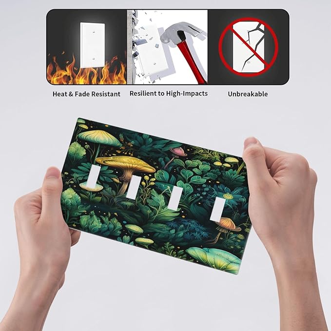 Green Dark Forest Mystical Mushroom Quad Toggle Light Switch Covers 4 Gang Wall Plate Decorative Switchplate Electrical Faceplate for Country Bathroom Bedroom Kitchen Decor