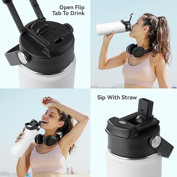 Kerilyn Stainless Steel Insulated Water Bottle, 24oz Double Wall Vacuum Insulated Water Bottle Leak Proof with Silicone Straw, Wide Mouth Lid, BPA Free, Keep Cold and Hot, 24oz, White