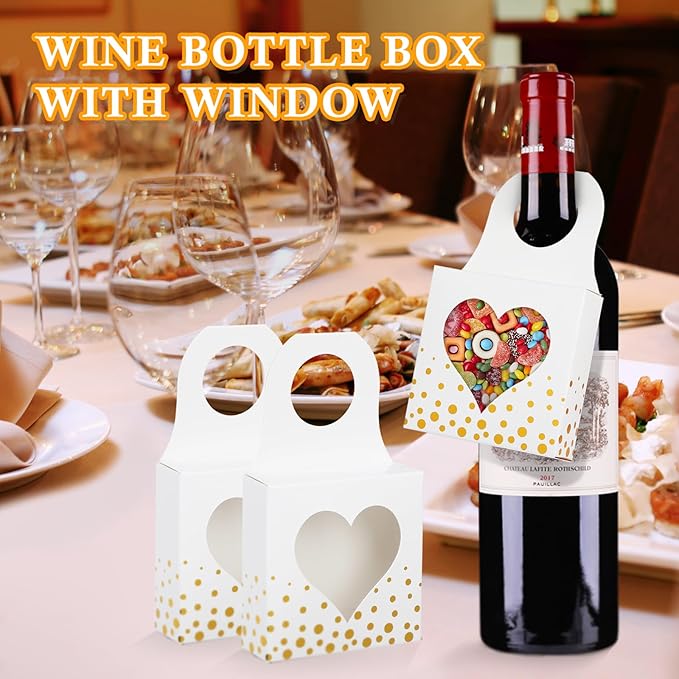 ISKYBOB 25 Pieces Wine Bottle Box with Window, Gold Foil Wine Boxes for Gifts Hanging Wine Bottle Gift Box Foldable Wine Bottle Hanger Favor Box for Holding Candy Truffles Chocolate Cookies (White)