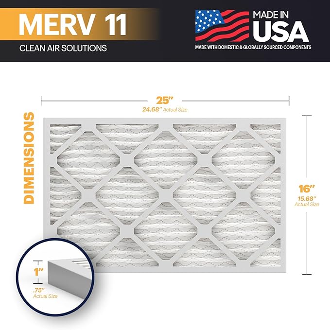BNX TruFilter 16x25x1 Air Filter MERV 11 (2-Pack) - MADE IN USA - Allergen Defense Electrostatic Pleated Air Conditioner HVAC AC Furnace Filters for Allergies, Dust, Pet, Smoke, Allergy MPR 1200 FPR 7