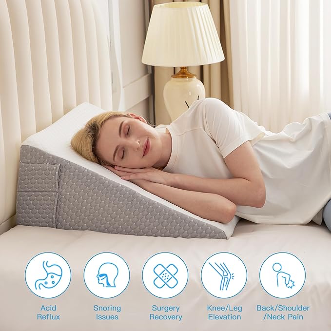 Wedge Pillow for Back Pain Relief, Bed Wedge Pillow for Sleeping, 24×24×7.5 Inch Memory Foam Anti Snore Pillow, Triangle Pillow Wedge for Sleeping Acid Reflux, Gerd, Elevated Pillow White/Grey