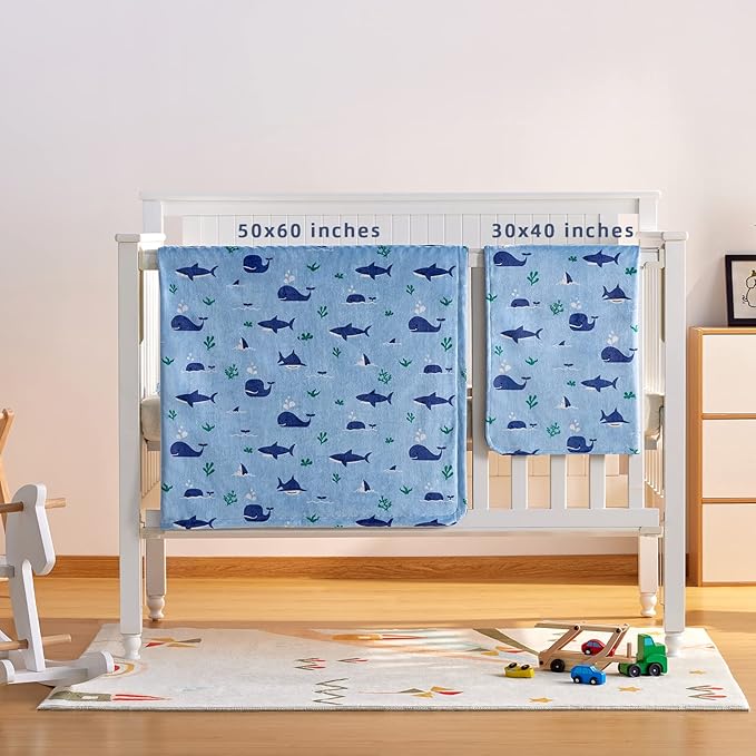 DaysU Silky Micro Soft Plush Baby Blankets for Boys with Print Animal Pattern and Soothing Raised Dots, Double Layer Bed Throws for Baby Crib, Shark Whale, Blue, 30x40 Inches