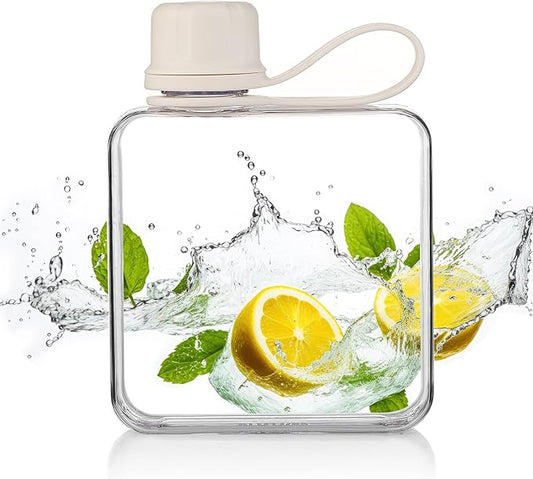 Tritan Transparent Flat Water Bottle samll Water Bottle Slim Square Pocket Bottle Water Flask, BPA Free/Slim Design/Leak Proof Water Bottle for Travel, Outdoor, Sports, Camping (White, 320ML)