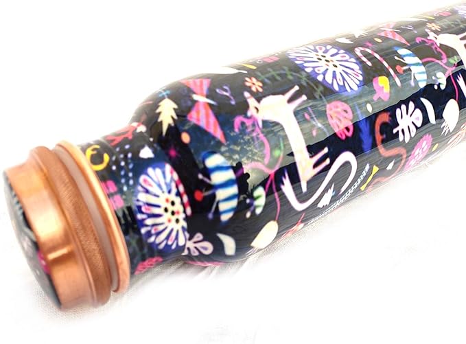 Pure Printed Copper Water Bottle - Leak Proof Ayurvedic Drinkware Copper Vessel for Sports, Gym, Outdoors, Yoga, Health Benefits (30 oz)