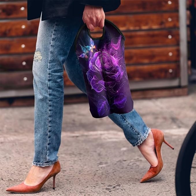 doginthehole Wine Carrier Tote Bag Two Bottle Aesthetic Purple Rose Butterfly Print Neoprene Wine/Water Bottle Holder for Travel with Carry Handle Champagne Bottles Protective Case for Wine Lovers