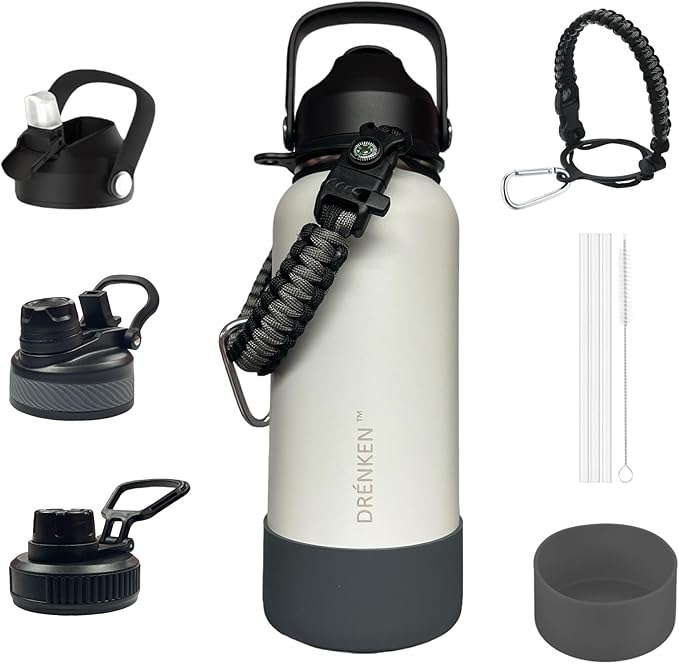 Water Bottle, Insulated water bottle, Stainless steel water bottle for kids men women Sports water bottle 32 oz Water bottle with straw Insulated Flask (Light Gray)