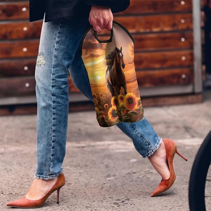 doginthehole Horse Sunset Insulated Wine Tote Neoprene Wine Carrier Bag Sunflower Print Champagne Carrying Bag 2 Bottle Wine Gift Bag for Women Men Portable Wine Travel Bag