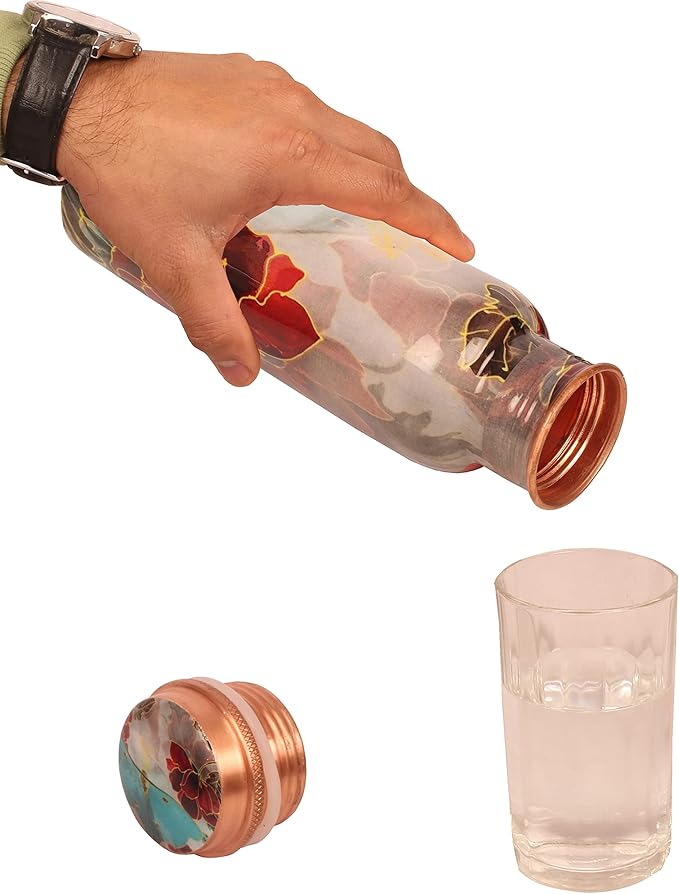 Pure Copper Water Bottle - Handcrafted - Ayurveda Health Benefits - Large 35 oz - Leak proof - Easy to carry for Sports, Fitness, Yoga, School - Textured Red Floral Patterns