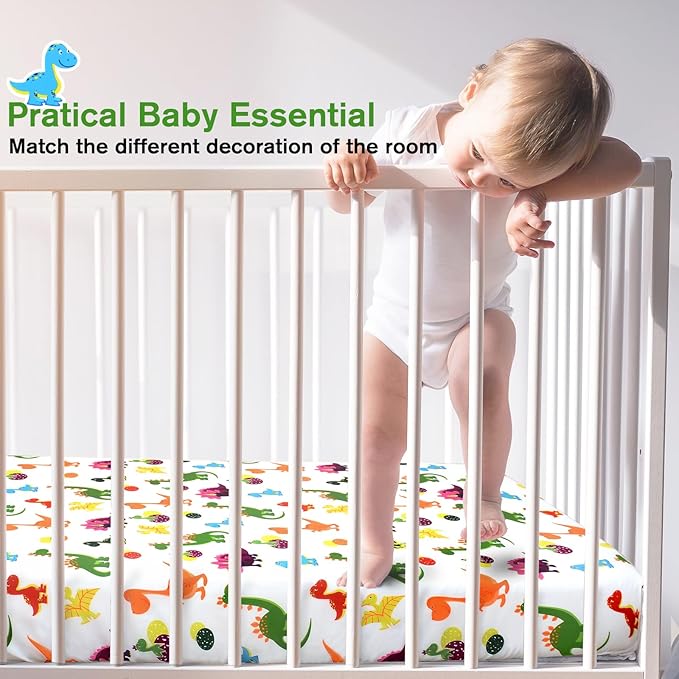 JISEN Baby Crib Sheets Soft Breathable Dinosaurs Fitted Crib Sheets Baby Sheet for Standard Crib and Toddler Mattress Baby Bed Sheets for Crib for Baby Boys Girls Neutral 52x28 Inch