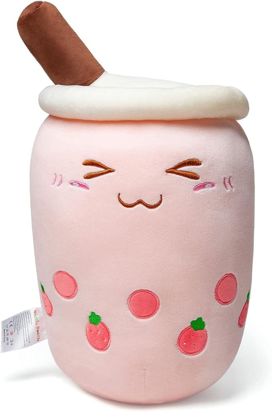 Niuniu Daddy Strawberry Boba Plushies -13.7inch Kawaii Pink Bubble Tea Stuffed Animals- Soft Squishy Milk Tea Plush Cuddle Pillow- Adorable Plushie Food Toys for Kids-Plushies Gift for Easter Basket