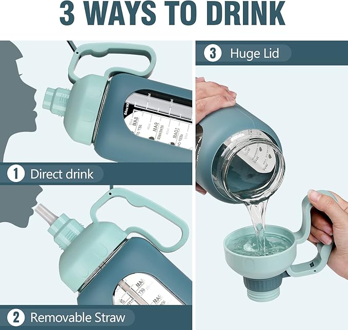 MUKOKO 64oz Glass Water Bottles with Straw, Half Gallon Water Bottle with Time Marker, Motivational Water Bottle with Silicone Sleeves,Large Glass Water Bottle for Gym,Working,Outdoor,Blue