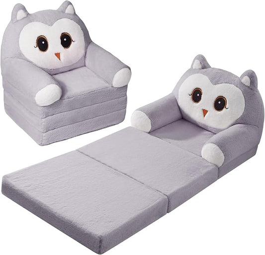 Kids Sofa Chair for Toddler, 2-in-1 Folding Soft Baby Couch with Removable Cover, Comfy Plush Children's Recliner, Convertible Floor Sofa Bed to Lounger for Girls Boys Age 1-3,Owls Grey