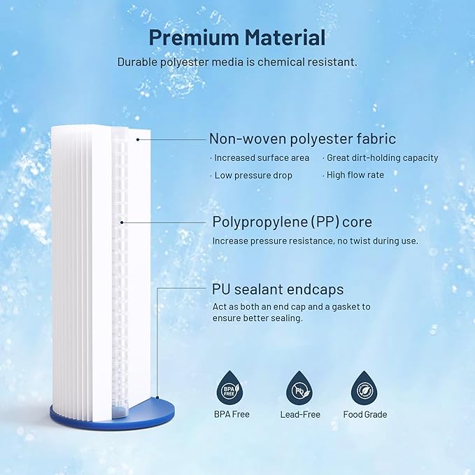 Whole House Water Filter Cartridge Replacement for Well Water, 5 Micron Water Filter 10" x 4.5" Pleated Sediment Water Filter Compatible with FXHSC, R50-BBSA, WFHDC3001, W50PEHD - 3 Pack