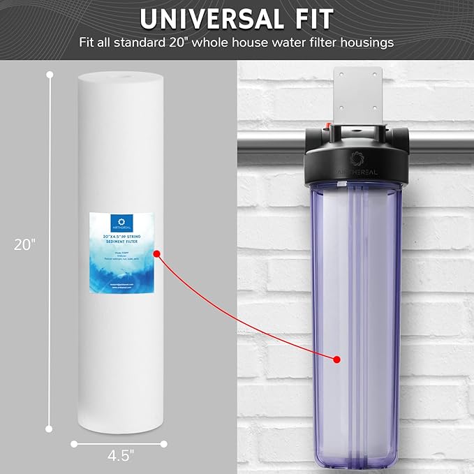 Airthereal 20" x 4.5" Whole House Sediment Water Filter, 5 Micron 20-inch PP Water Filter Replacement Cartridge for City and Well Water, 4-Pack
