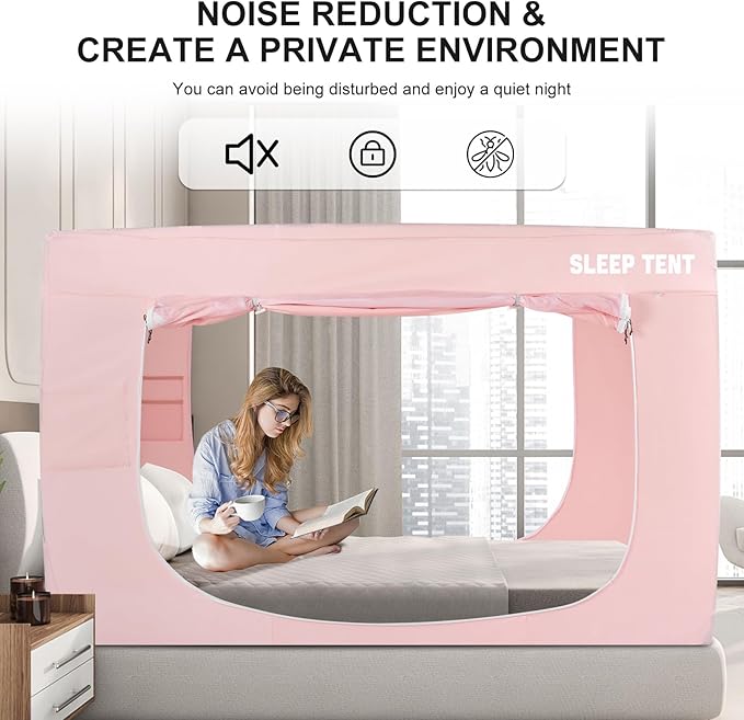Bed Tent Queen Bed Canopy Dream Tents for Indoor Portable Blackout Tents Privacy Space Warm Breathable Sleeping Tents for Kids and Adult(Pink,Mattress Not Included) Reducing Light