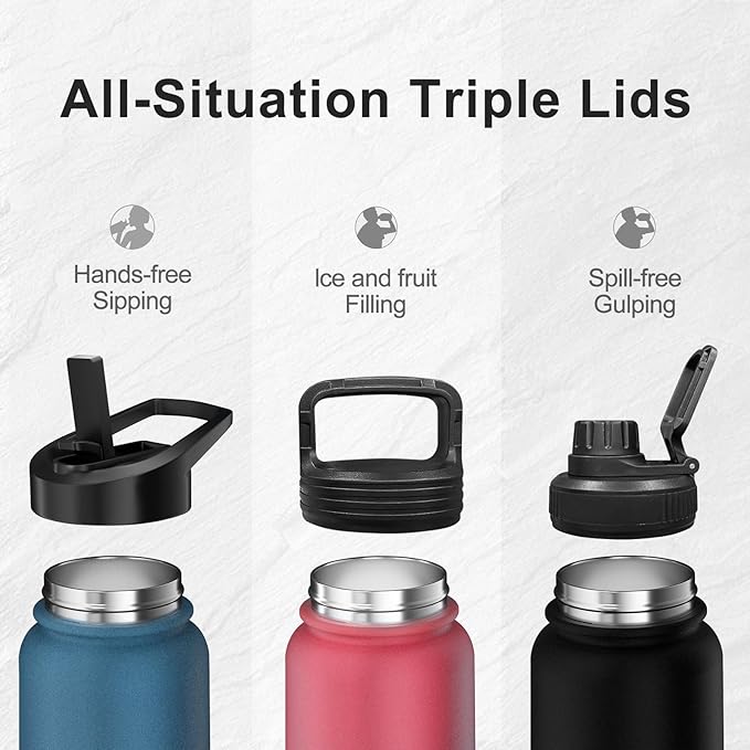 40oz Insulated Water Bottle with 3 Lids(Straw, Hand and Spout Lid), Double Vacuum Stainless Steel Metal Water Flask(BPA-free, CPC) for Sports, Camping, Hiking, Cycling, Fitness and more(Black Grey)