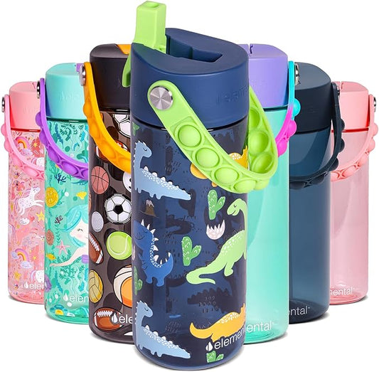 Elemental Leak Proof Water Bottles for Kids - Splash Kids Water Bottle for School with Fun Fidget Pop-it Handle - BPA Free Tritan Plastic Reusable Water Bottle with Straw - Dinosaur - 18oz