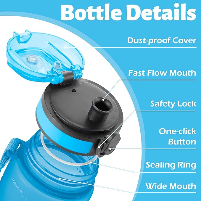 OLDLEY 25 oz Water Bottle, Motivational Water Bottle with Time Marker, Sports Water Bottle With Strap, Leakproof & BPA Free Large Water Bottles for School, Gym, Travel, Outdoor, Tritan,Yellow&Blue